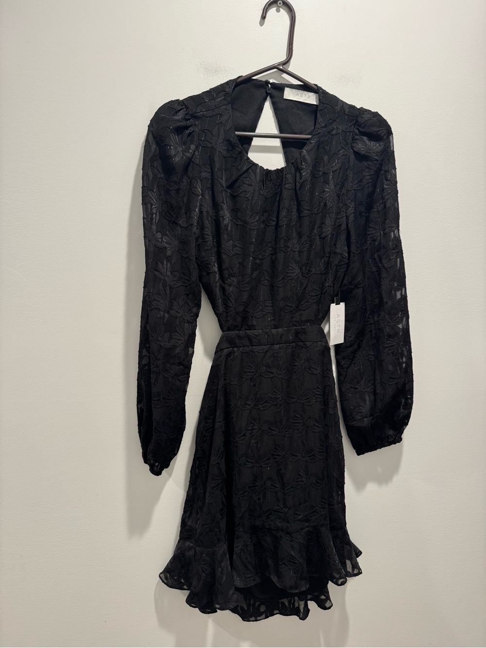 Astr Black Floral Lace Long-Sleeve Mini Dress